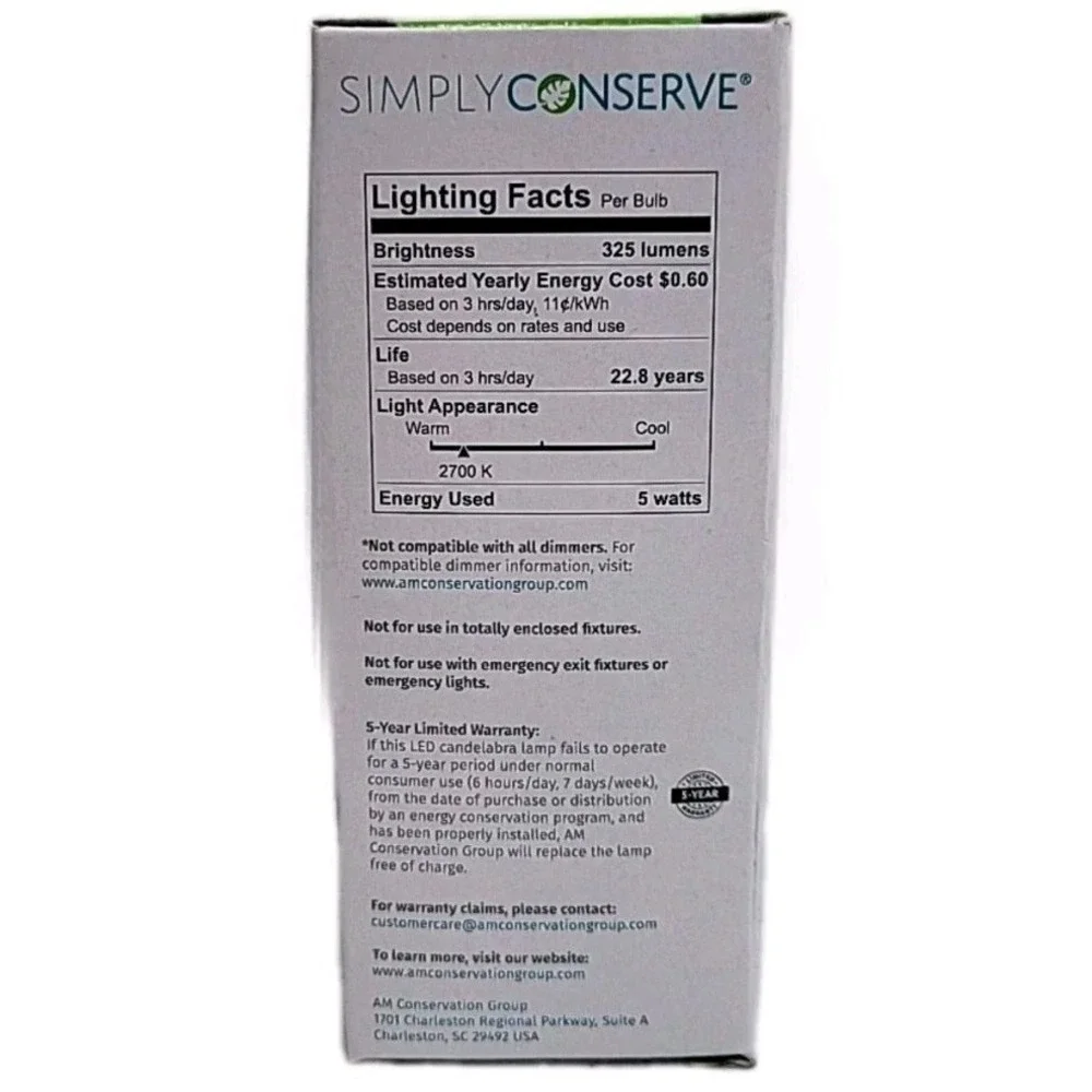 SIMPLY CONSERVE LED Light Bulb‎ Dimmable 40W Warm White L05LCDL2700K 1 Bulb